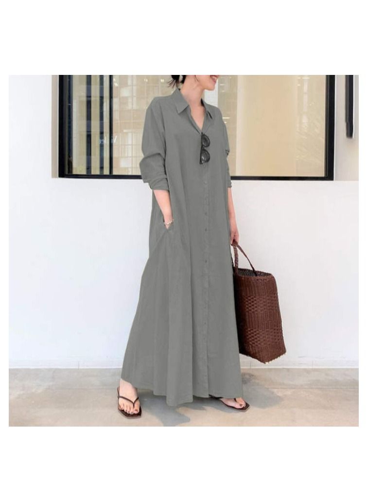 Dames Été Automne Robe Lin Coton T-Shirt Basique Ample Décontractée Robe for Women Avec Poches