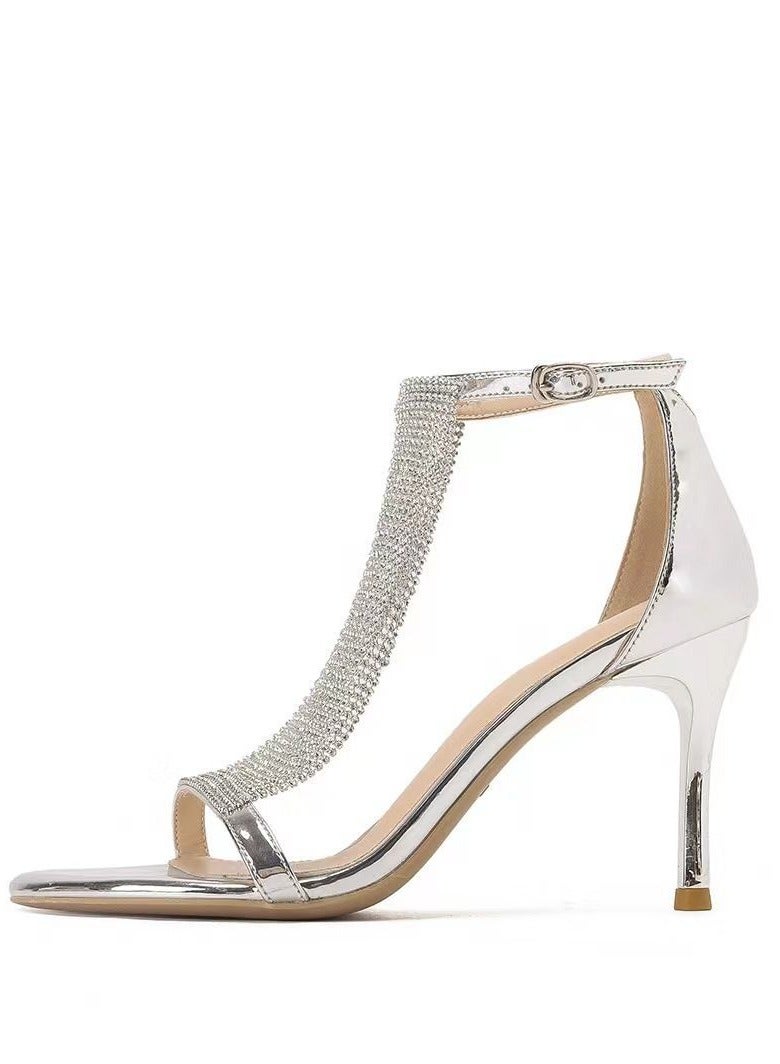 Fashion Rhinestone Silver high Heeled Sandals - Image 4