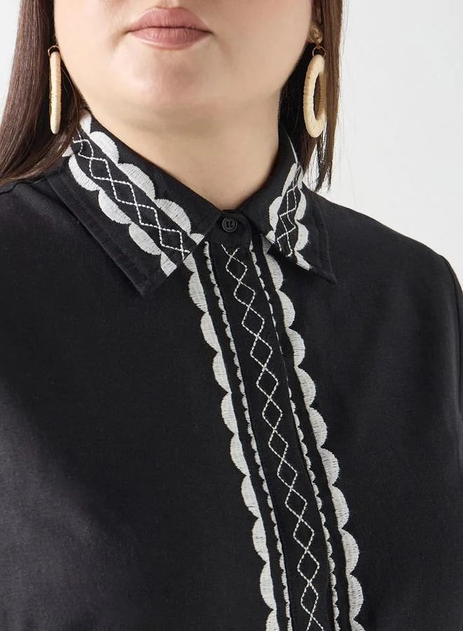  أولا بوبكن فستان قميص مقاس كبير مطرز بأكمام طويلة من أولا بوبكن