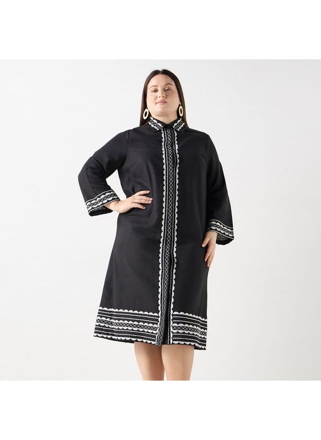 Ulla Popken Plus Size Ulla Popken Embroidered Shirt Dress with Long Sleeves  - Image 1