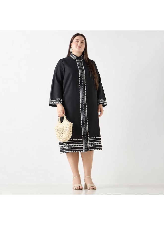 Ulla Popken Plus Size Ulla Popken Embroidered Shirt Dress with Long Sleeves  - Image 2