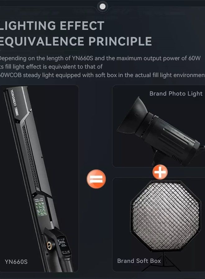 YONGNUO YN660S Handheld LED Video Light Wand Stick 60W CRI95 Adjustable 3200-5600K, 21430Lux@0.3m, 12 Light Effects for YouTube Video Recording, Studio Shooting, Live Streaming - Image 3
