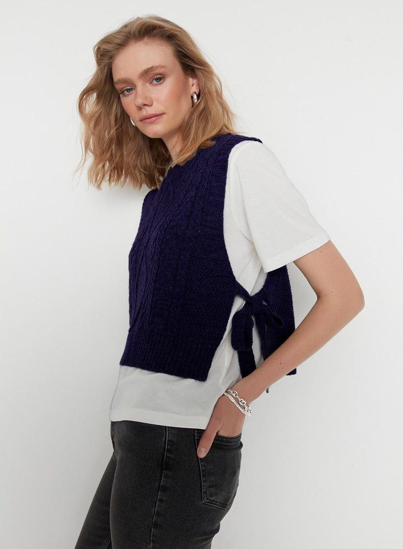 trendyol Navy Blue Side Ribbon/Bow Tie Detail Knitwear Sweater - Image 3