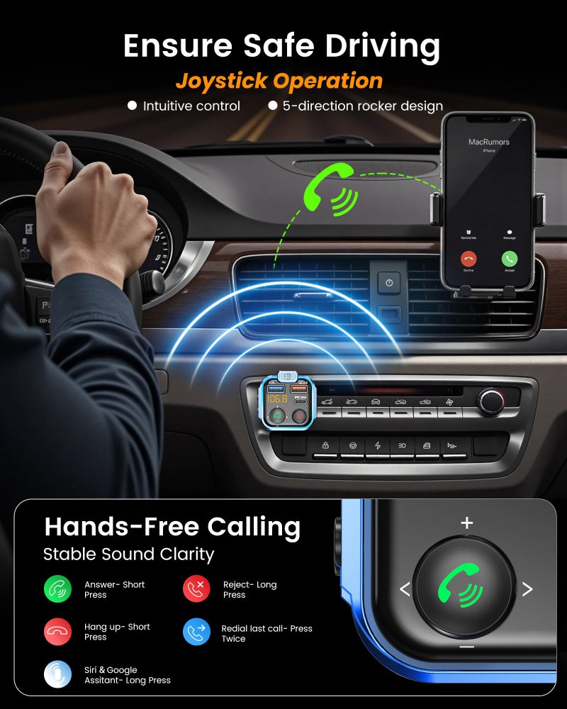 LENCENT FM Transmitter in-Car Adapter, Type-C PD 20W+ QC3.0 Fast USB Charger, Wireless Bluetooth 5.3 Radio Car Kit, Hands-Free Calling, MP3 Player Receiver Hi Fi Bass, Support U Disk - Image 2