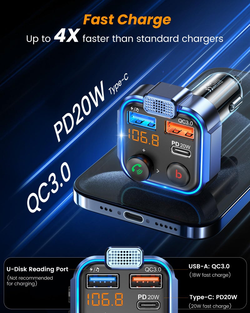 LENCENT FM Transmitter in-Car Adapter, Type-C PD 20W+ QC3.0 Fast USB Charger, Wireless Bluetooth 5.3 Radio Car Kit, Hands-Free Calling, MP3 Player Receiver Hi Fi Bass, Support U Disk - Image 5
