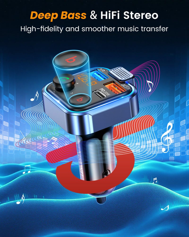 LENCENT FM Transmitter in-Car Adapter, Type-C PD 20W+ QC3.0 Fast USB Charger, Wireless Bluetooth 5.3 Radio Car Kit, Hands-Free Calling, MP3 Player Receiver Hi Fi Bass, Support U Disk - Image 3