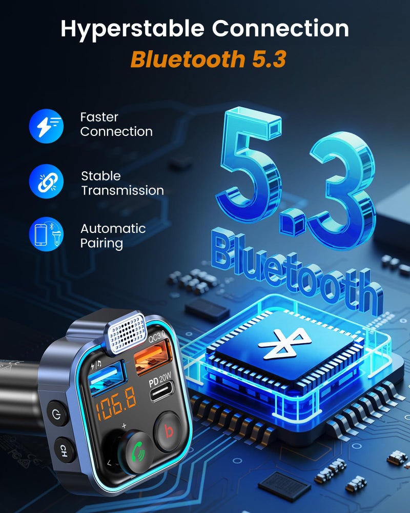 LENCENT FM Transmitter in-Car Adapter, Type-C PD 20W+ QC3.0 Fast USB Charger, Wireless Bluetooth 5.3 Radio Car Kit, Hands-Free Calling, MP3 Player Receiver Hi Fi Bass, Support U Disk - Image 4