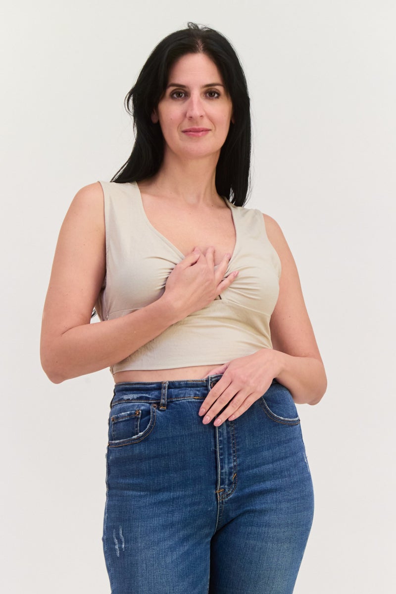 ONLY Women Scoop Neck Sleeveless Solid Crop Top, Cream - Image 1