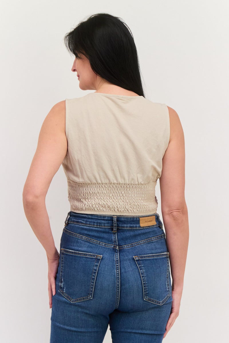 ONLY Women Scoop Neck Sleeveless Solid Crop Top, Cream - Image 2