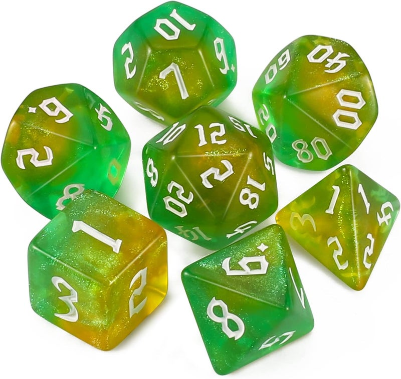 QMAY DND Dice Set -D&D Polyhedral Dice (7 Pcs) for Dungeons and Dragons (Pale Yellow and Green Glitter) - Image 1