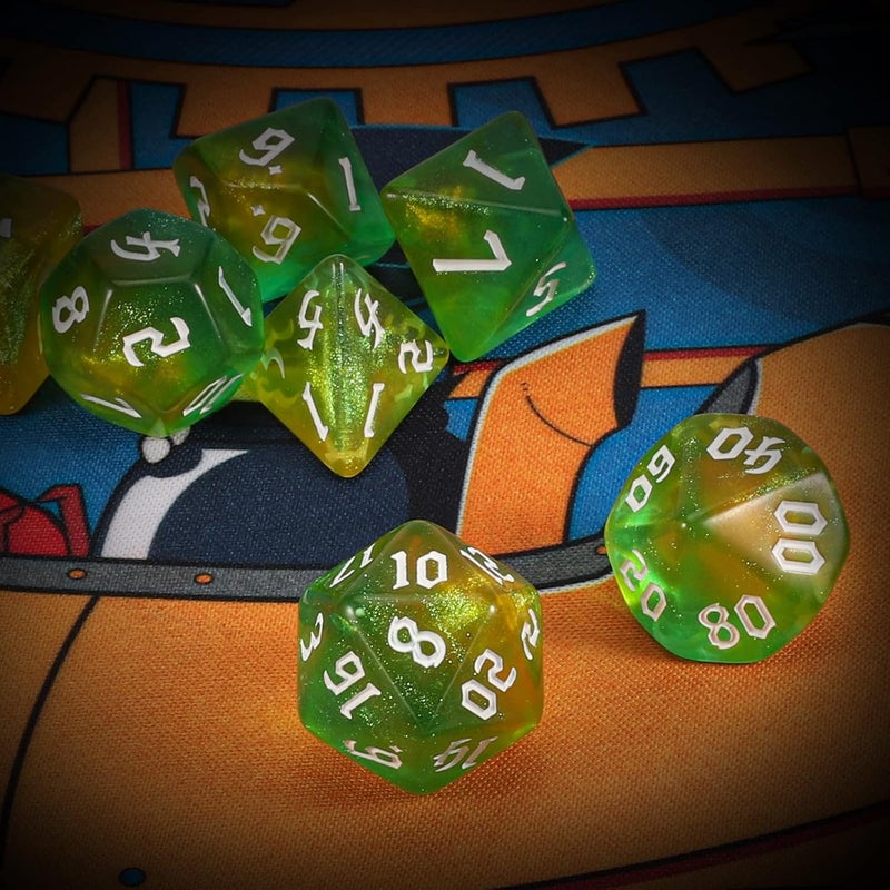 QMAY DND Dice Set -D&D Polyhedral Dice (7 Pcs) for Dungeons and Dragons (Pale Yellow and Green Glitter) - Image 3
