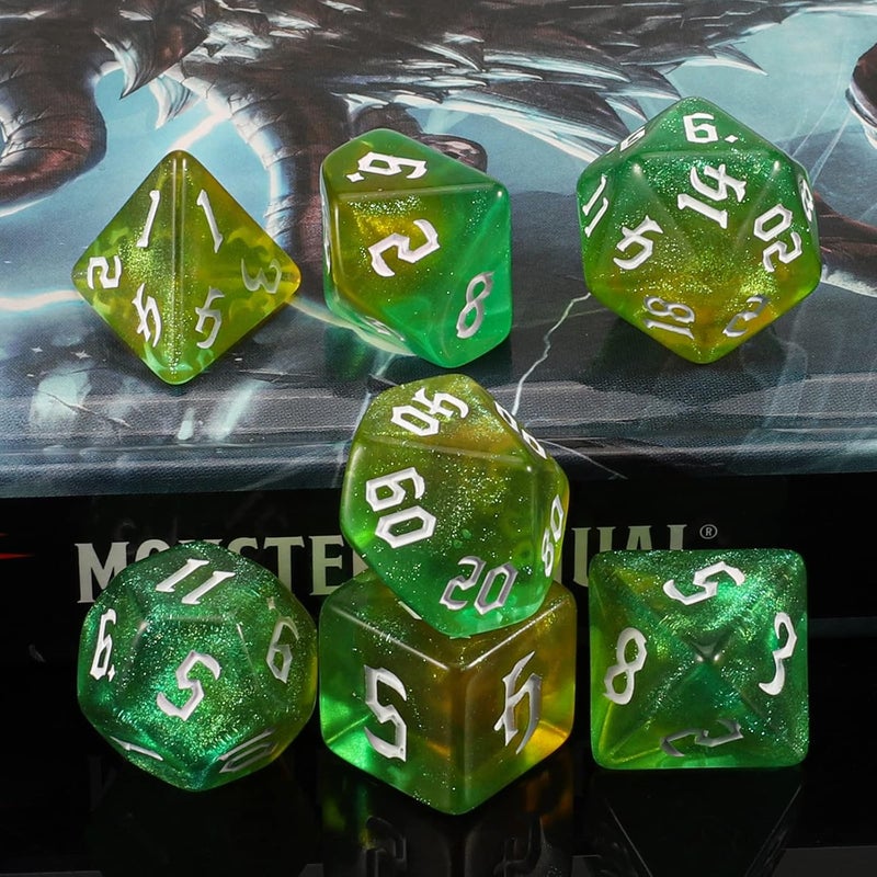 QMAY DND Dice Set -D&D Polyhedral Dice (7 Pcs) for Dungeons and Dragons (Pale Yellow and Green Glitter) - Image 4