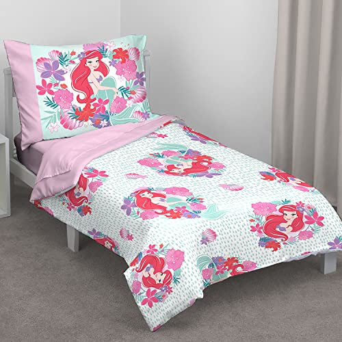Disney Ariel Sea Garden 4 Piece Toddler Bed Set - Comforter, Fitted Sheet, Flat Top Sheet, Reversible Standard Size Pillowcase, Pink and Aqua - Image 1