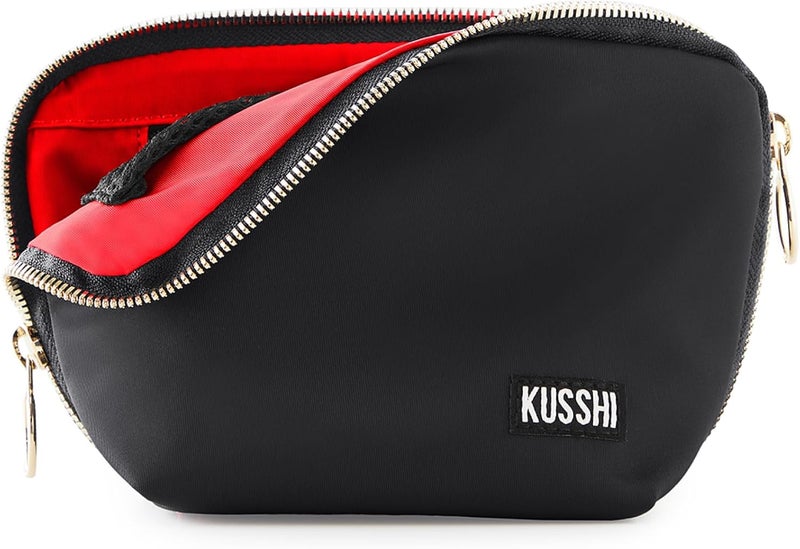 KUSSHI Washable Travel Makeup Bag for Purse (Everyday, Satin Black/Red)