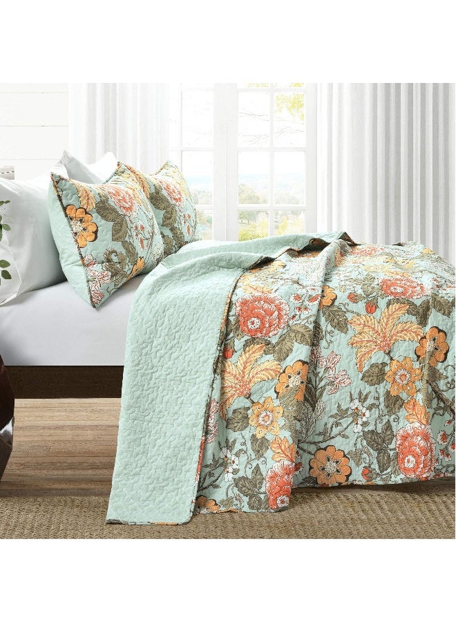 3 Piece Bohemian Style Bedding Set With Sydney Reversible Cotton Quilt Set Charming  Colorful Floral Leaf Design Blue  Green - Image 3