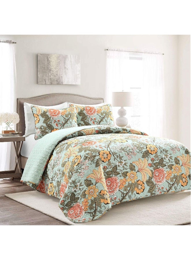 3 Piece Bohemian Style Bedding Set With Sydney Reversible Cotton Quilt Set Charming  Colorful Floral Leaf Design Blue  Green - Image 1