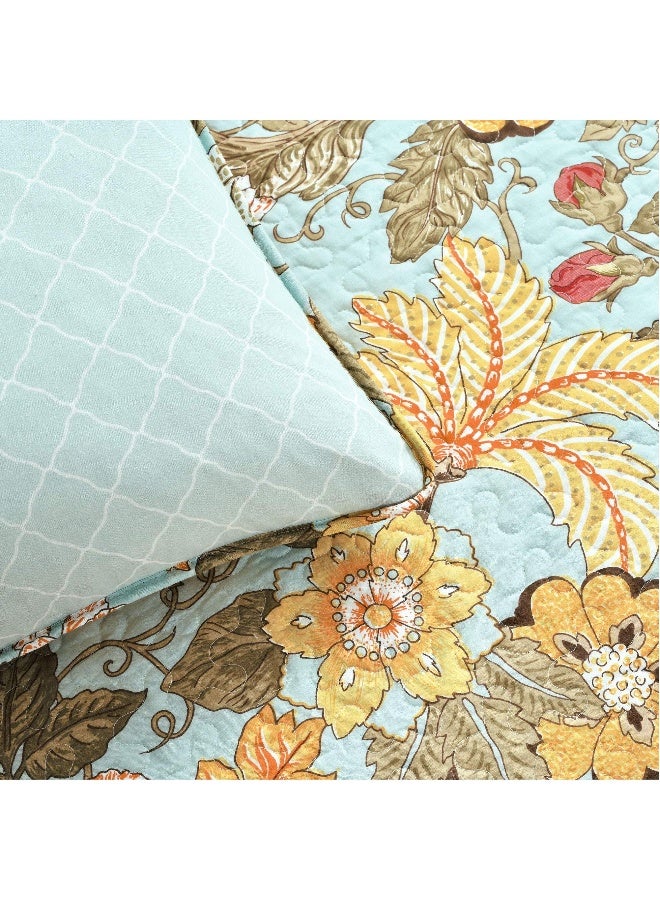 3 Piece Bohemian Style Bedding Set With Sydney Reversible Cotton Quilt Set Charming  Colorful Floral Leaf Design Blue  Green - Image 4