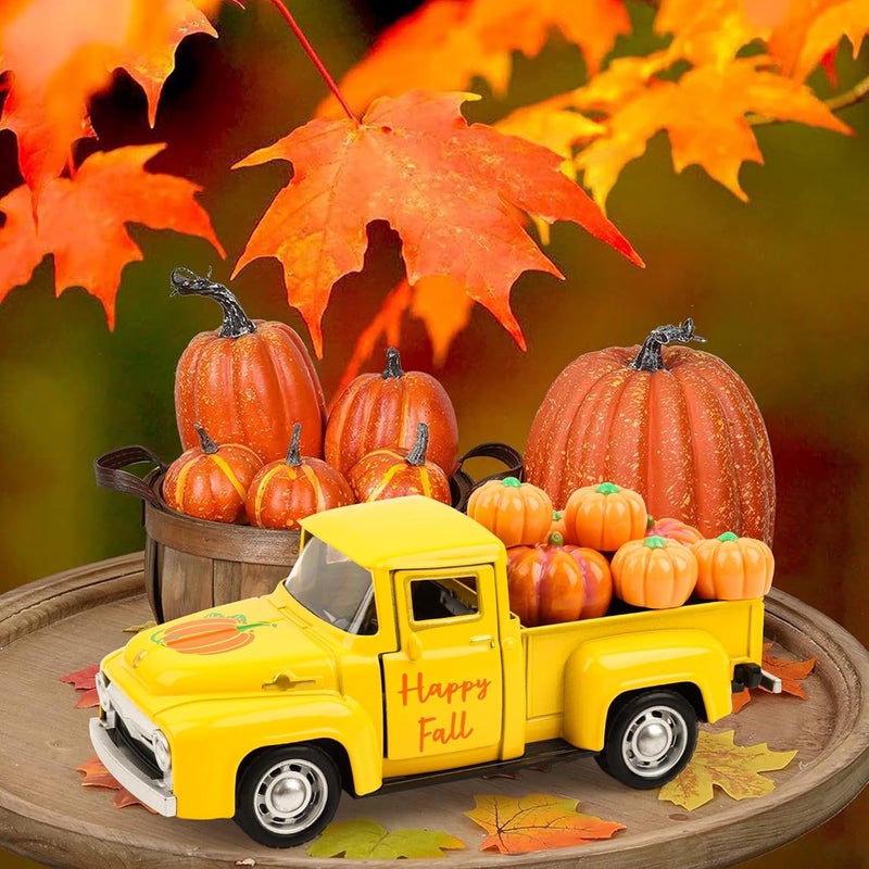 Lemicin Thanksgiving Fall Tiered Tray Decor Vintage Metal Truck Farmhouse Pumpkin Truck with Mini Fake Pumpkins Yellow Autumn Harvest Gifts for Farm Home Kitchen Shelf Coffee Table Decorations - Image 4