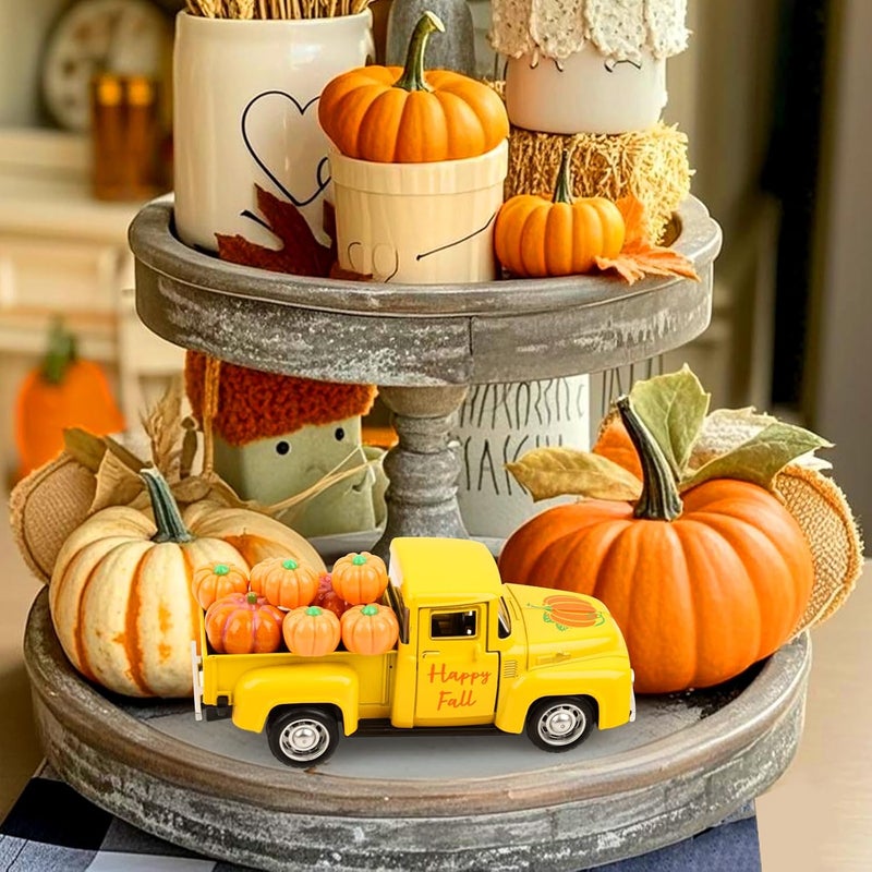 Lemicin Thanksgiving Fall Tiered Tray Decor Vintage Metal Truck Farmhouse Pumpkin Truck with Mini Fake Pumpkins Yellow Autumn Harvest Gifts for Farm Home Kitchen Shelf Coffee Table Decorations - Image 3