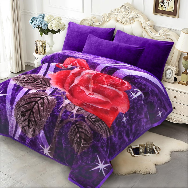 JYK Soft Korean Mink Blanket 5 LB Fleece Queen 75 x 87 2 Ply Reversible 520GSM Super Soft Plush Thick Warm Bed Blanket for Autumn Winter Purple RoseCamellia - Image 2