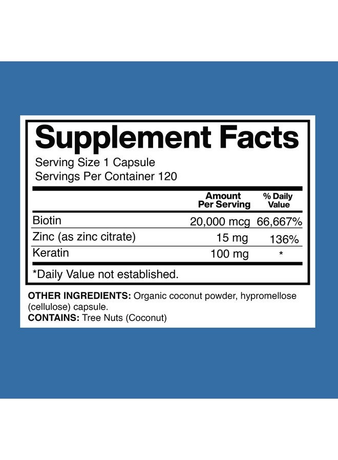 American Standard Supplements بيوتين 20,000 ميكروغرام مع الكيراتين ومسحوق جوز الهند والزنك، مكملات نمو الشعر، مكملات البيوتين، شعر صحي وبشرة وأظافر للبالغين، 120 كبسولة نباتية، إمداد لمدة 120 يومًا - Image 3