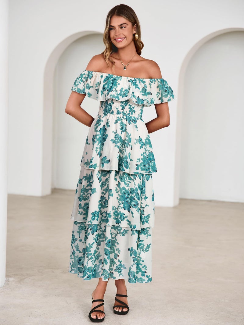 Simplee Womens Floral Wedding Guest Dress Spring Summer 2026 Chiffon Boho Off Shoulder Smocked Tiered Flowy Maxi Dresses(White Green XL) - Image 2