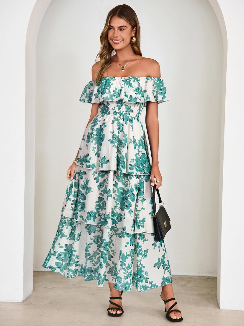 Simplee Womens Floral Wedding Guest Dress Spring Summer 2026 Chiffon Boho Off Shoulder Smocked Tiered Flowy Maxi Dresses(White Green XL) - Image 5