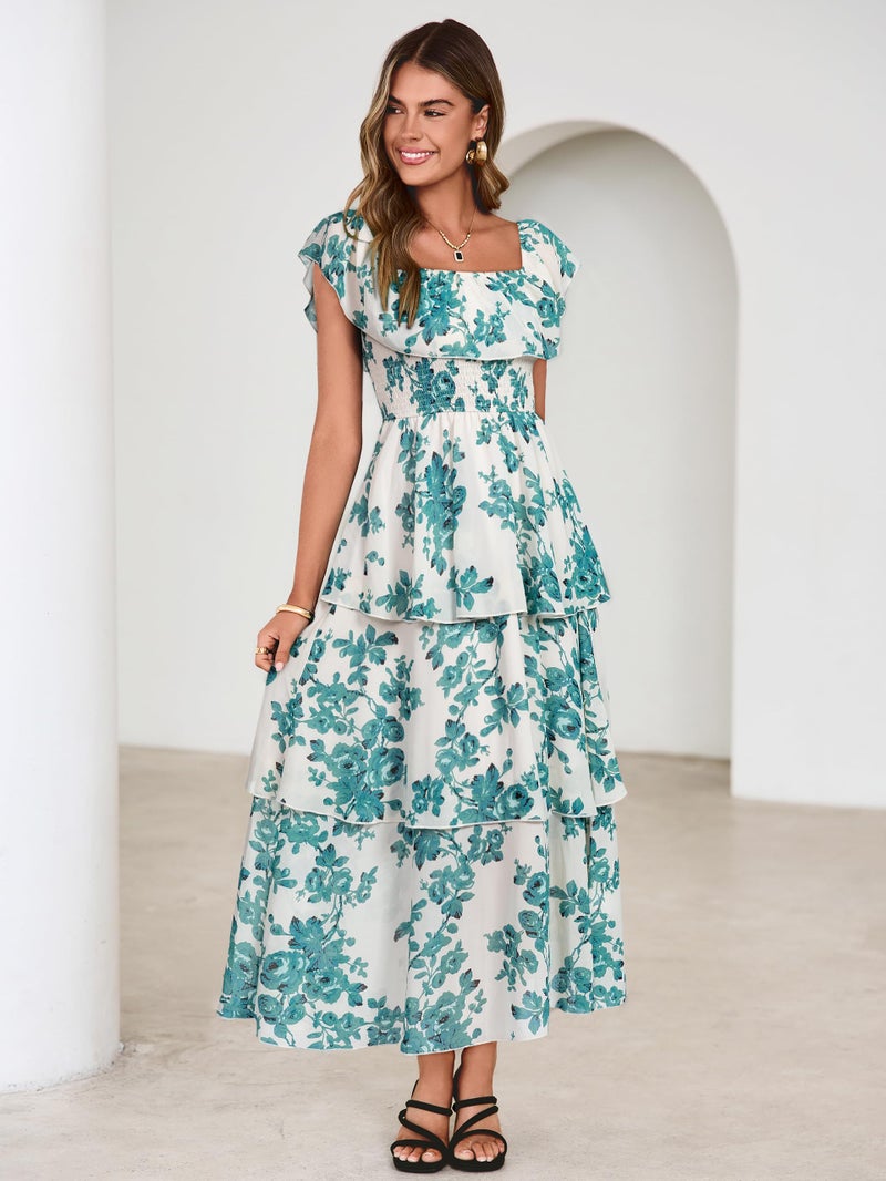 Simplee Womens Floral Wedding Guest Dress Spring Summer 2026 Chiffon Boho Off Shoulder Smocked Tiered Flowy Maxi Dresses(White Green XL) - Image 4