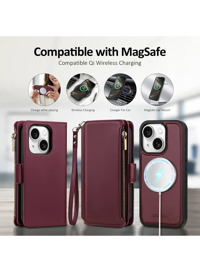 Antsturdy Compatible with Magsafe Magnetic 2 in 1 Detachable iPhone 15 Wallet Case with Credit Card Holder Slots,PU Leather Flip RFID Blocking Phone Cover Wrist Strap Zipper Women Men,Wine Red - Image 4