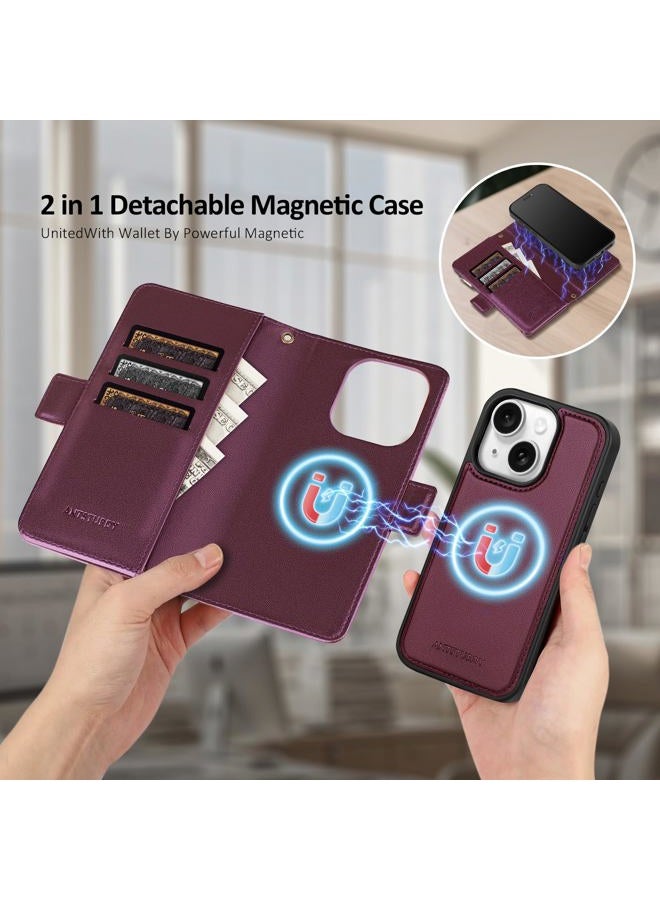 Antsturdy Compatible with Magsafe Magnetic 2 in 1 Detachable iPhone 15 Wallet Case with Credit Card Holder Slots,PU Leather Flip RFID Blocking Phone Cover Wrist Strap Zipper Women Men,Wine Red - Image 3