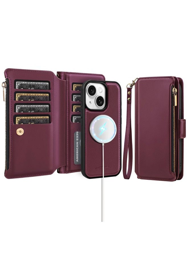 Antsturdy Compatible with Magsafe Magnetic 2 in 1 Detachable iPhone 15 Wallet Case with Credit Card Holder Slots,PU Leather Flip RFID Blocking Phone Cover Wrist Strap Zipper Women Men,Wine Red - Image 1