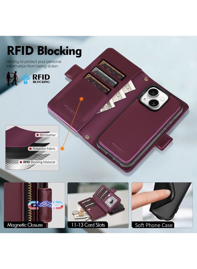 Antsturdy Compatible with Magsafe Magnetic 2 in 1 Detachable iPhone 15 Wallet Case with Credit Card Holder Slots,PU Leather Flip RFID Blocking Phone Cover Wrist Strap Zipper Women Men,Wine Red - Image 5