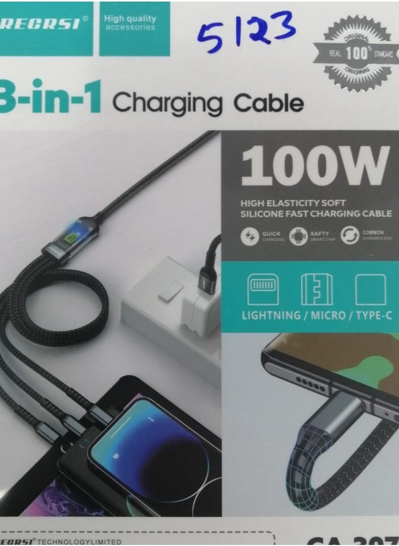 RECRSI - RECRSI 3-IN-1 CHARGING CABLE USB -A TO LIGHTNING+TYPE C+MICRO - Image 1