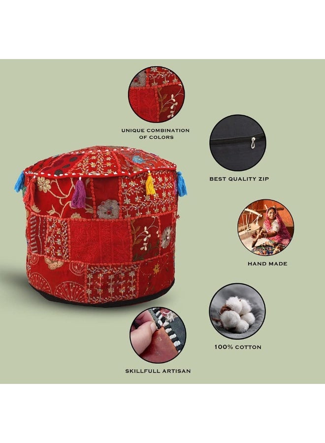 Aakriti Gallery Indian Pouf Footstool Ethnic Embroidered Pouf Cover, Indian Cotton Round Pouffe Ottoman Pouf Cover Pillow Ethnic Decor Art - Cover Only (Red, 22X14) - Image 4