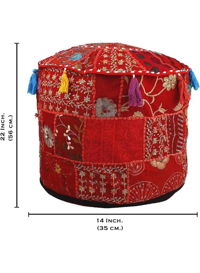 Aakriti Gallery Indian Pouf Footstool Ethnic Embroidered Pouf Cover, Indian Cotton Round Pouffe Ottoman Pouf Cover Pillow Ethnic Decor Art - Cover Only (Red, 22X14) - Image 3