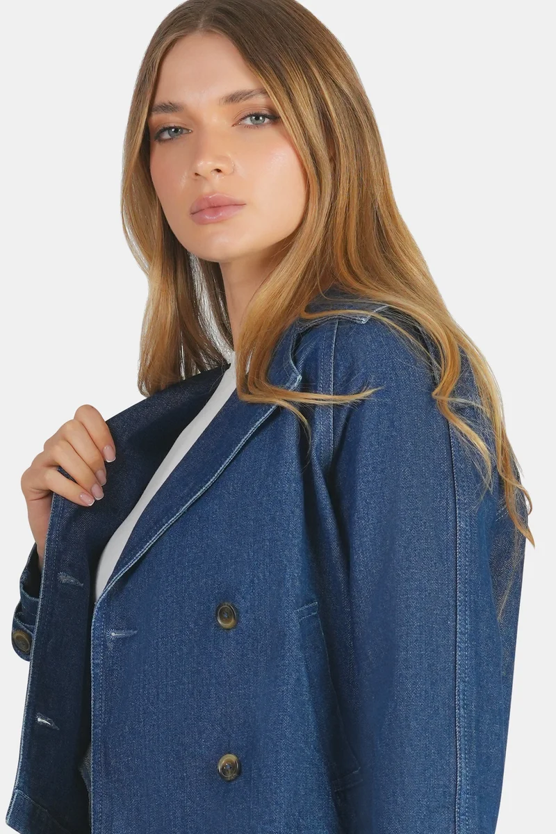 Virgio  Solid Cotton Double Breasted Denim Blazer for Women for Women | Best Price UAE