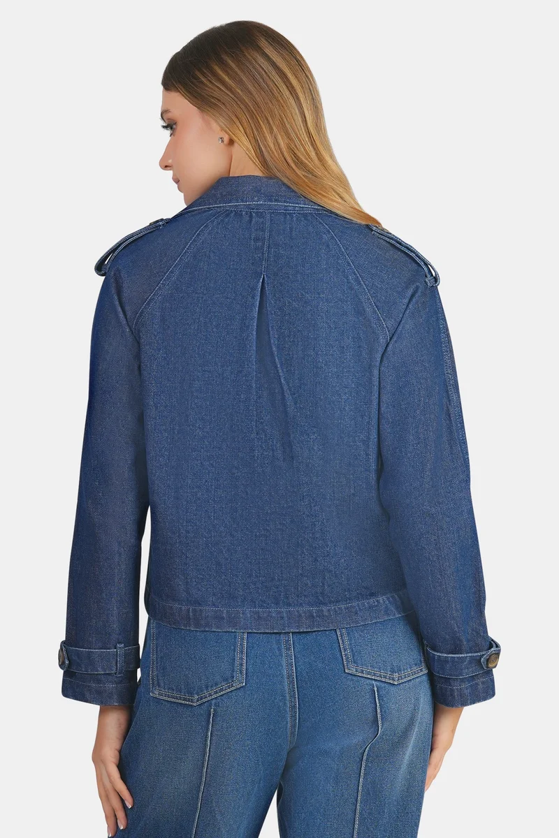 Virgio  Solid Cotton Double Breasted Denim Blazer for Women for Women | Best Price UAE