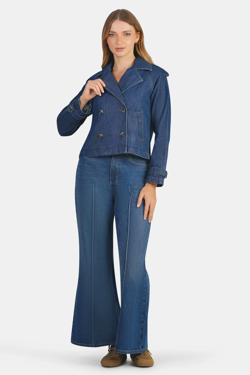 فيرجيو Solid Cotton Double Breasted Denim Blazer for Women