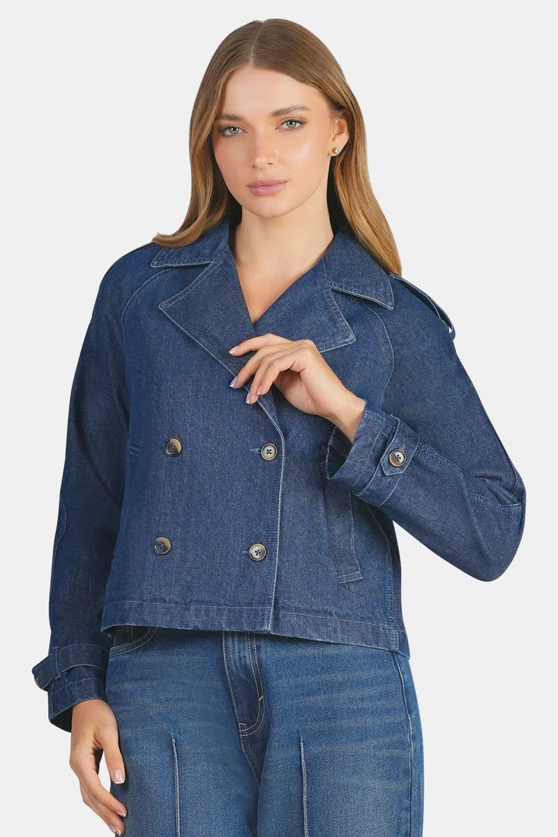 فيرجيو Solid Cotton Double Breasted Denim Blazer for Women