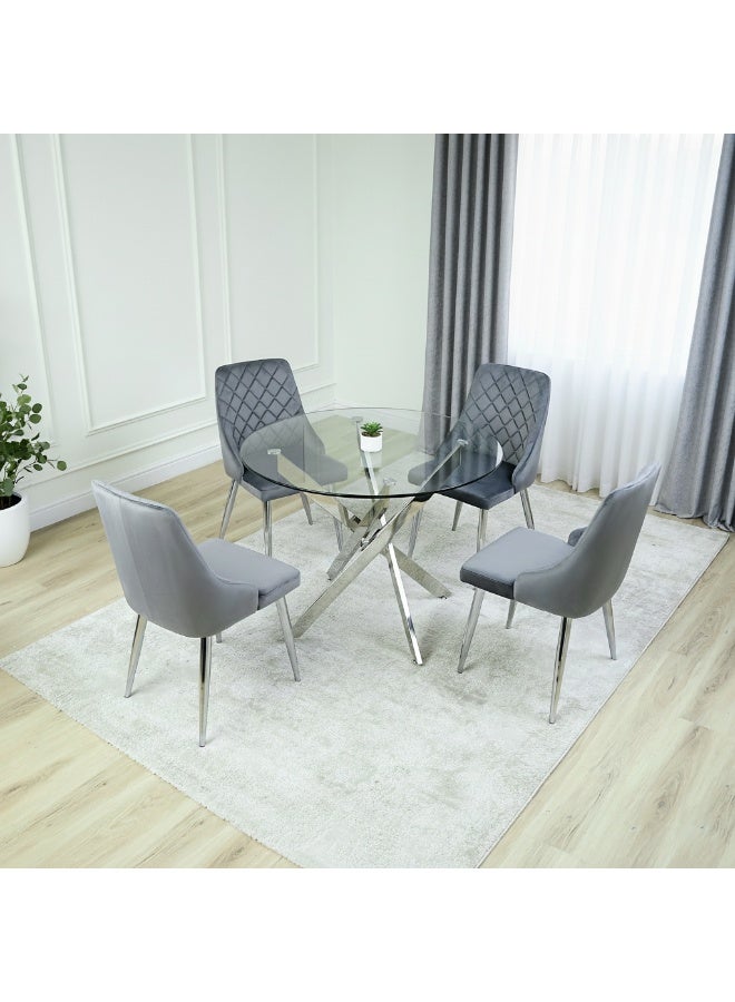 VANITY LIVING Dining Table Set 4 Seater - Davos Chrome Round with Milan Grey Chairs - Image 2