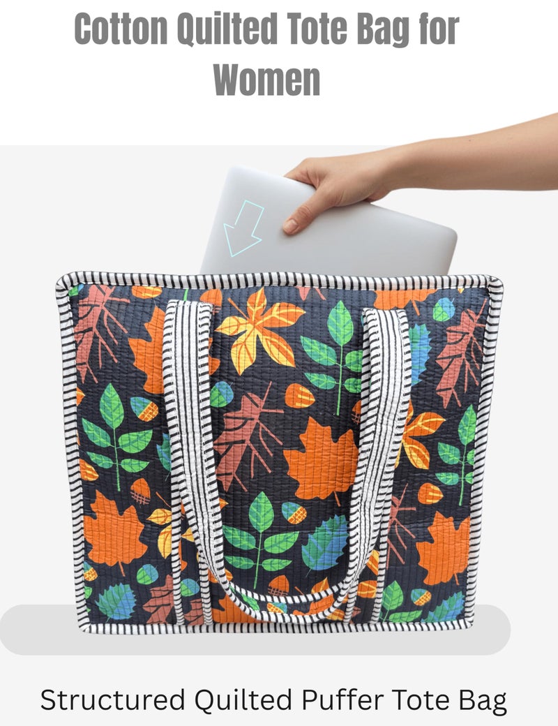 Third Eye Export 100% Cotton Quilted Tote Bag 18x16â€“ Large Zipper Beach Bag & Travel Bag Black Purse Reusable Grocery Bags (Black Beauty Choco Chic Floral Print) - Image 5