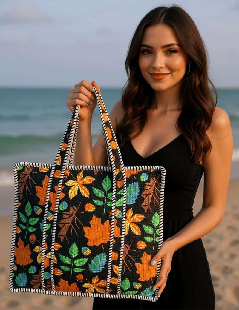 Third Eye Export 100% Cotton Quilted Tote Bag 18x16â€“ Large Zipper Beach Bag & Travel Bag Black Purse Reusable Grocery Bags (Black Beauty Choco Chic Floral Print) - Image 2