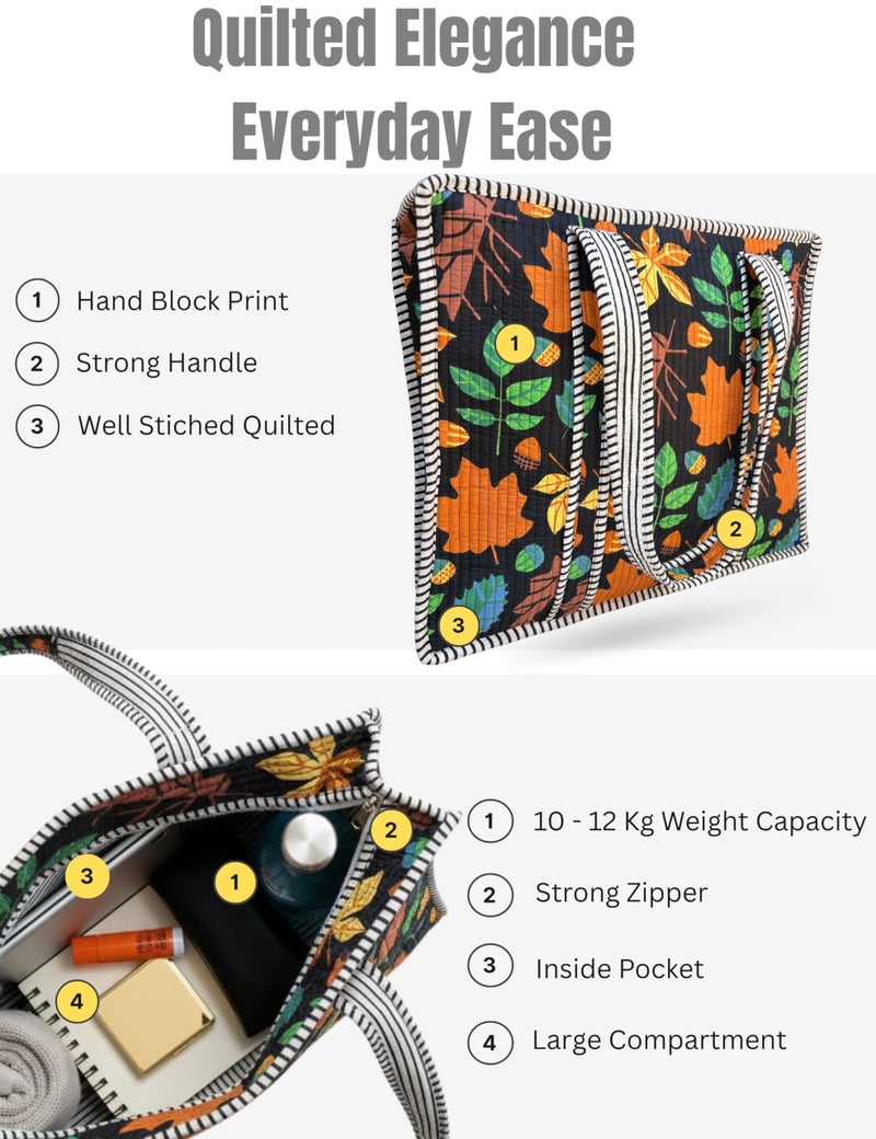 Third Eye Export 100% Cotton Quilted Tote Bag 18x16â€“ Large Zipper Beach Bag & Travel Bag Black Purse Reusable Grocery Bags (Black Beauty Choco Chic Floral Print) - Image 4