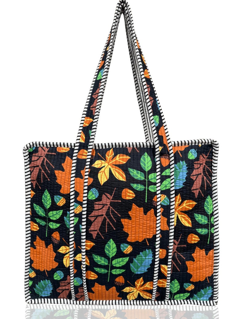 Third Eye Export 100% Cotton Quilted Tote Bag 18x16â€“ Large Zipper Beach Bag & Travel Bag Black Purse Reusable Grocery Bags (Black Beauty Choco Chic Floral Print) - Image 1