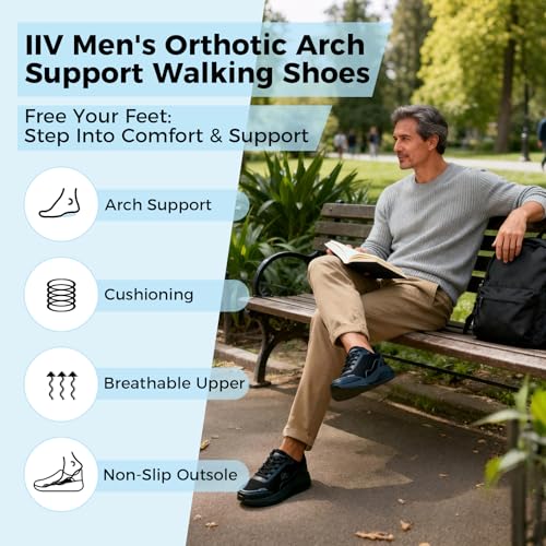 IIV Men's Orthotic Walking Shoes with Arch Support for Plantar Fasciitis & Flat Feet | Shock Absorbing Work Sneakers for Knee, Heel, Ankle Pain Relief & Daily Comfort Black - Image 3