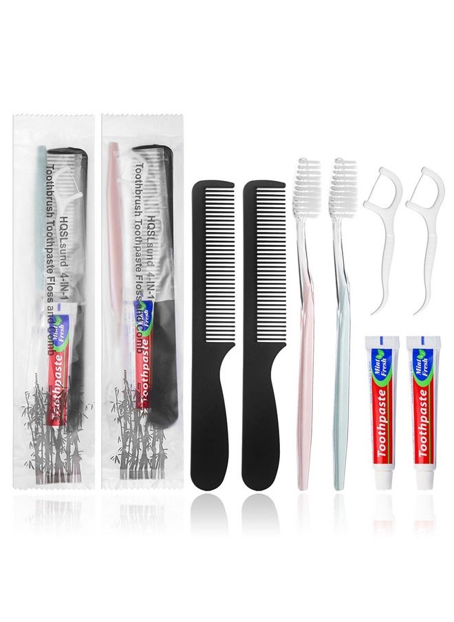 HQSLsund 50Pcs Disposable Toothbrushes With Toothpaste And Comb Floss Individually Wrapped, 4-In-1 Bulk Toothbrush Kit With 2 Color Toothbrush,10G Toothpaste,7 Inch Comb, Floss Pick For Homeless,Hotel  - Image 1