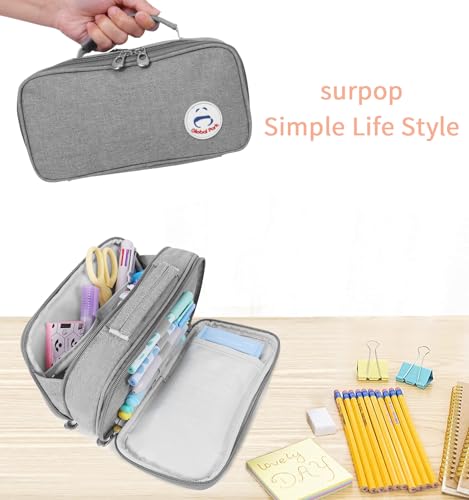 Surpop Pencil Case Pen Bag Holder Pouch Large Handle Big Capacity Desk Organizer Storage Marker Box Stationary Makeup Cosmetic Double Zippers for School Office Students Teen - Image 4