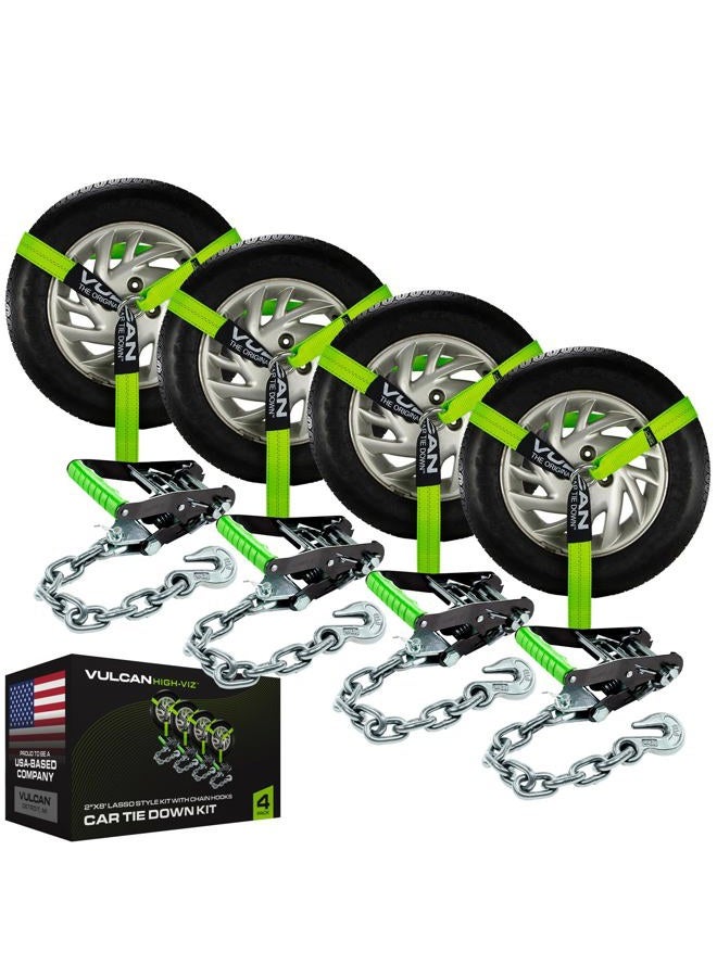 VULCAN Car Tie Down with Chain Anchors - Lasso Style - 2 Inch x 96 Inch - 4 Pack - High-Viz - 3,300 Pound Safe Working Load - Image 1