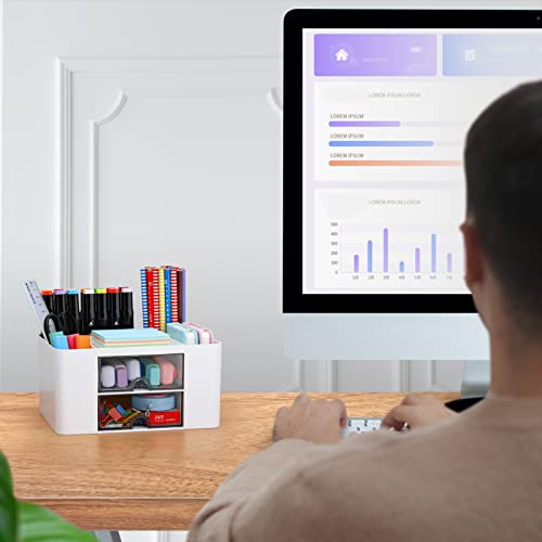 LETURE Desk Organizer with 2 Drawer, Plastic Desktop Pen Pencil Card Holder Storage Box for Desk, Office Supplies, Vanity Table Office School Home (White) - Image 3