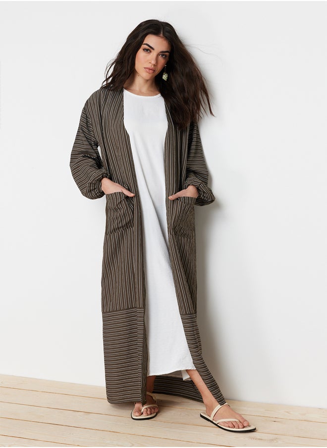 trendyol Khaki Long Linen Look Striped Woven Cape & Abaya & Abaya TCTSS24KF00003  - Image 5